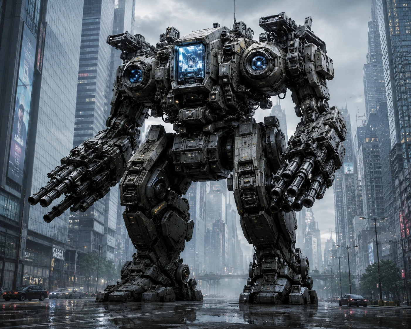 Enorme mecha blindado que se alza sobre una calle de ciudad futurista
