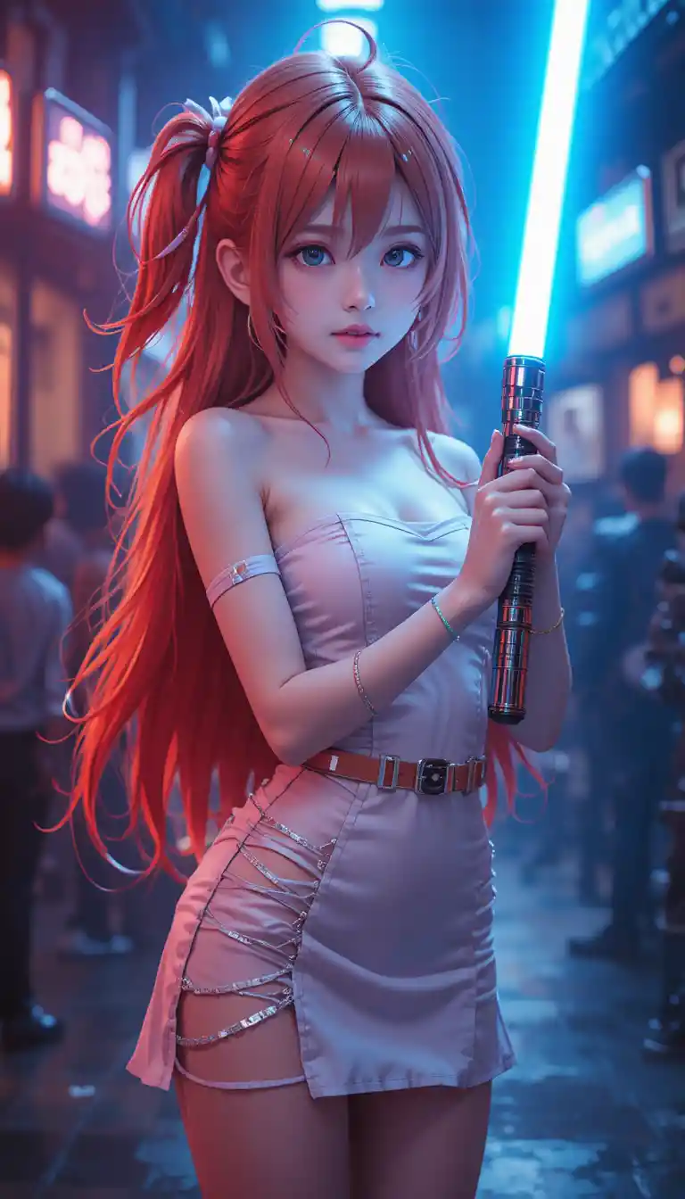 Red haired anime girl posing with a glowing lightsaber