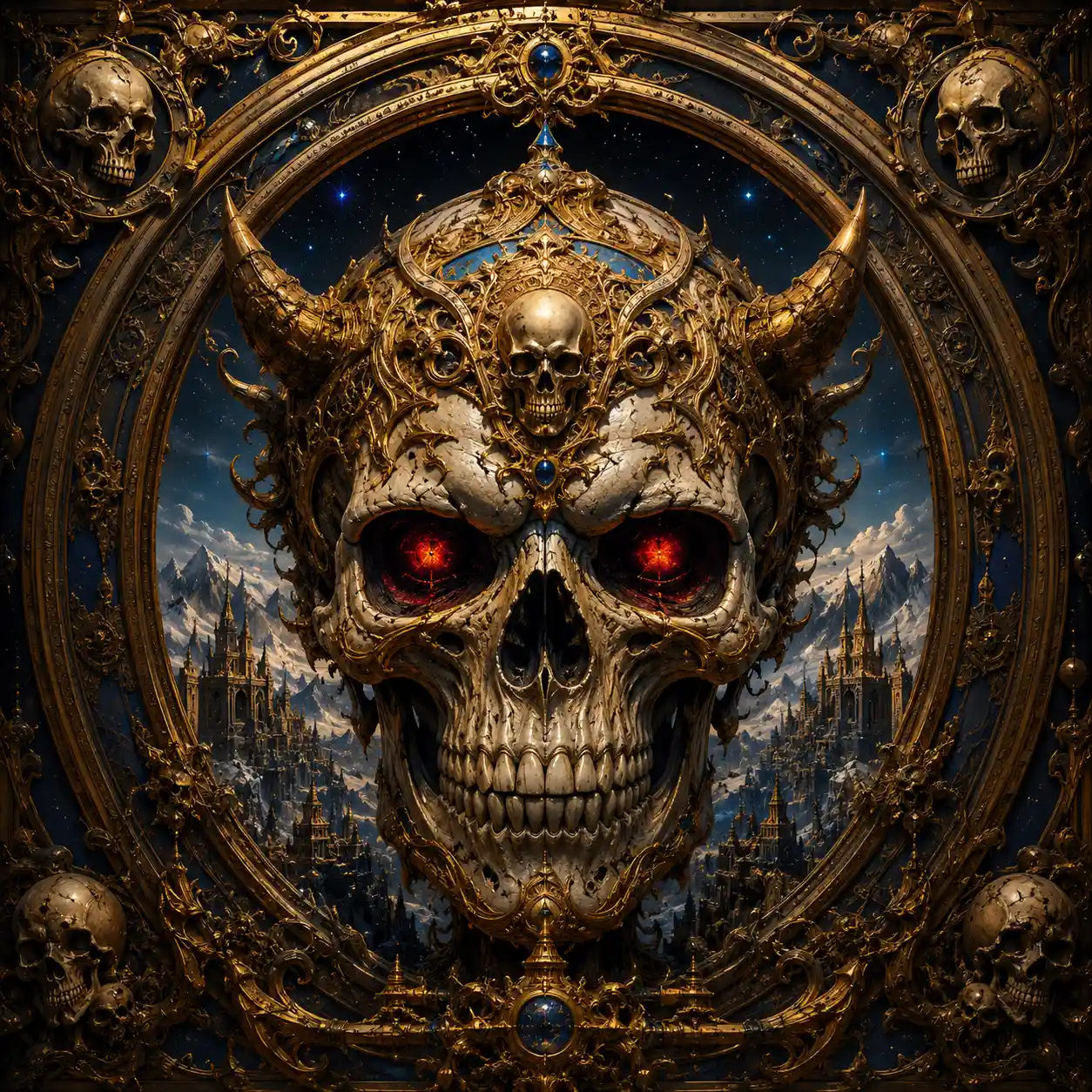 Baroque golden skull with glowing eyes before gothic city