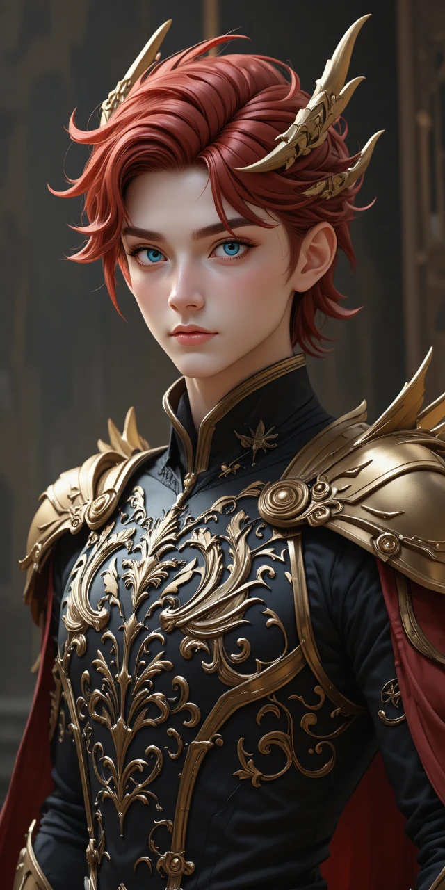 Young anime hero in ornate draconic armor with horns