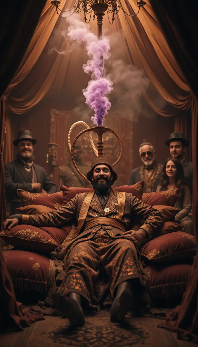 Artisti da circo vintage che si rilassano attorno a un narghilè ornato