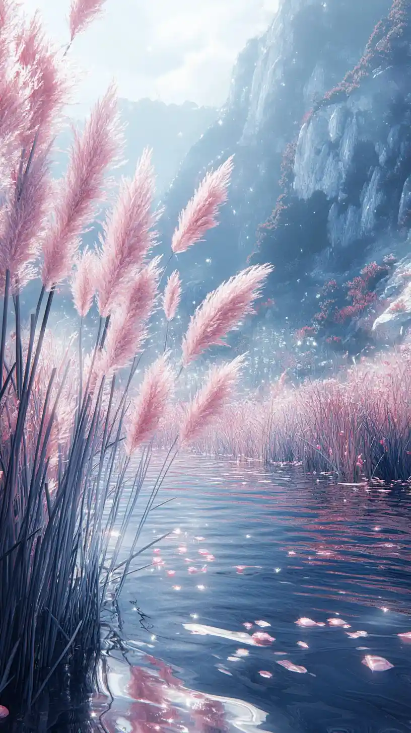 Pink pampas grass with cherries beside distant blue mountains