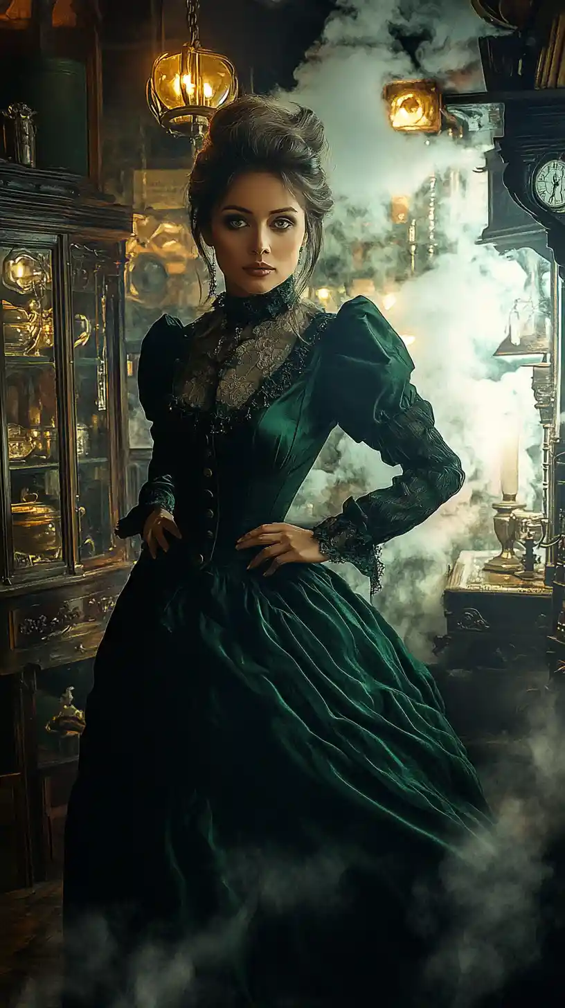 Ghostly Victorian woman in green dress in antique shop