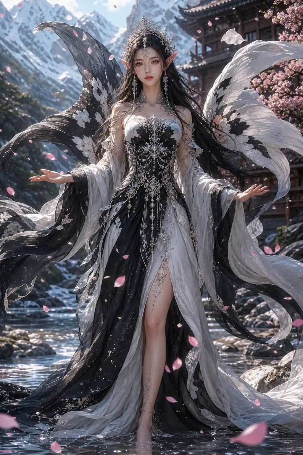 Elven woman in koi like wings before mountain temple