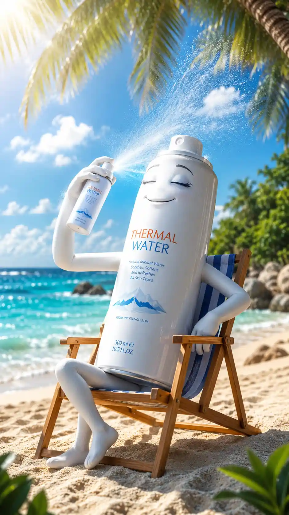 Anthropomorphic spray can relaxing on a sunny tropical beach