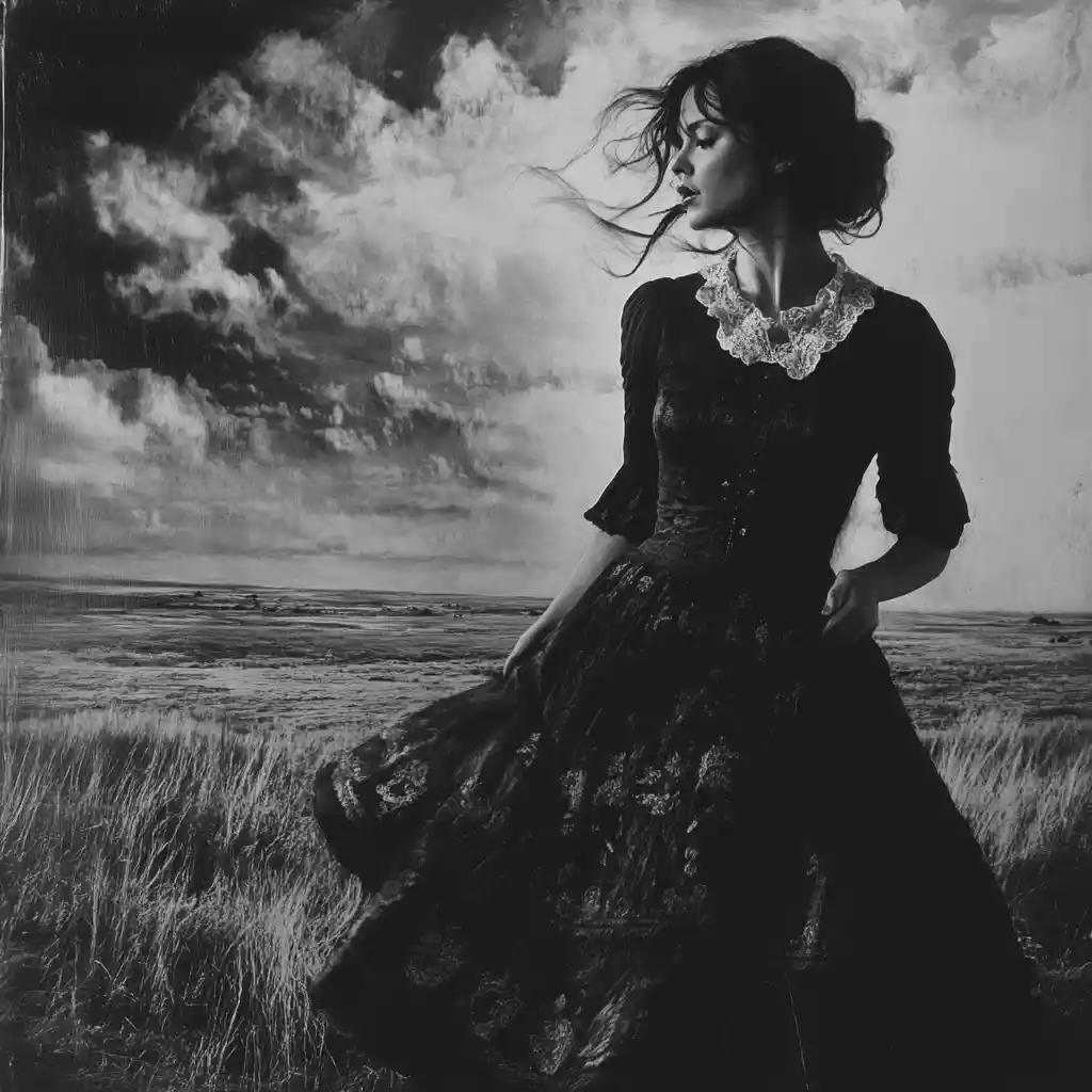 Mysterious western woman in a striking dark dress