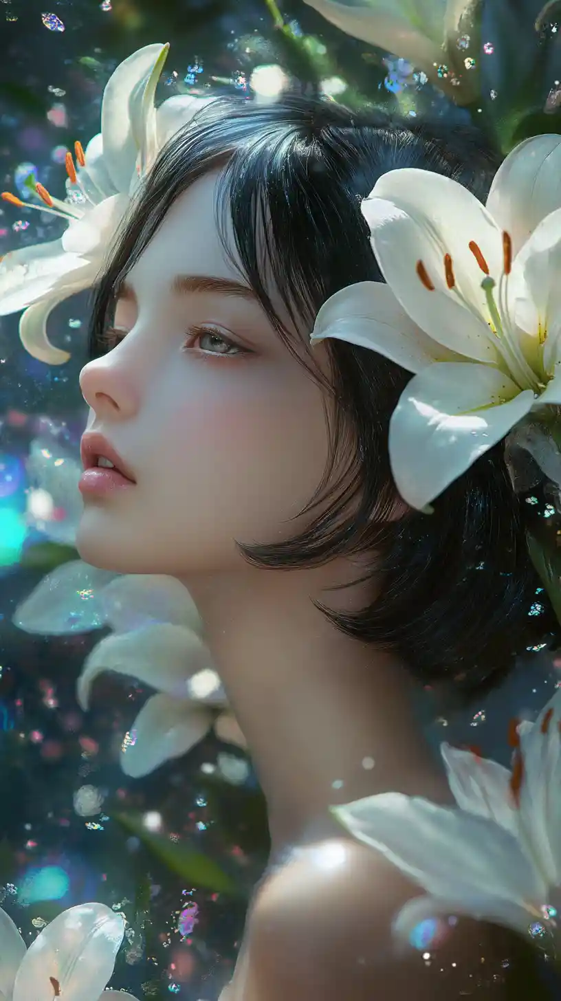Anime girl with white lilies in a dreamy profile portrait