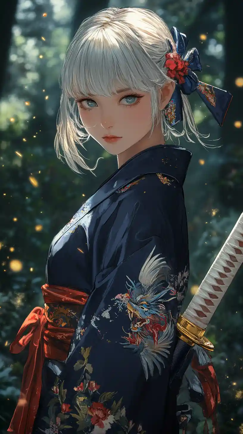Anime girl with katana in a glowing forest night