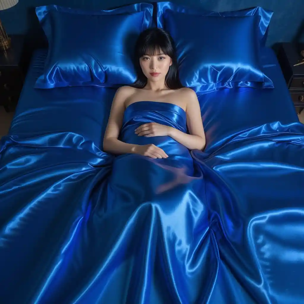 Japanese woman lying on electric blue satin bed sheets