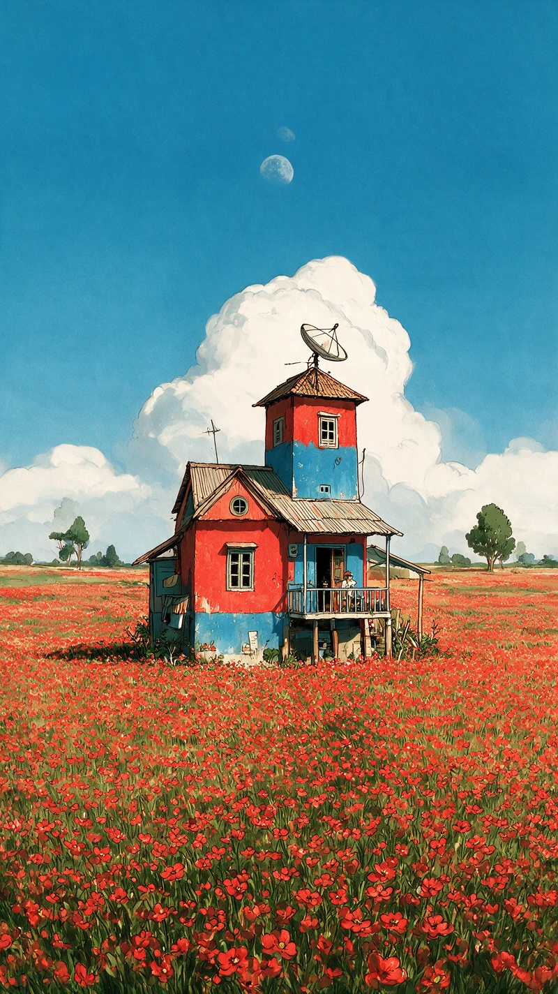 Casa de campo de estilo manga entre campos de flores rojas