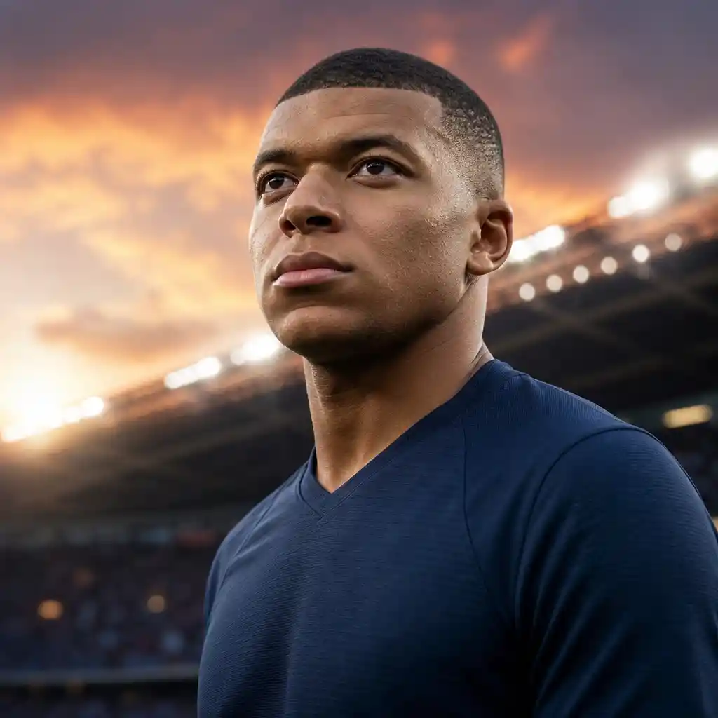 Soccer star portrait in modern stadium at sunset