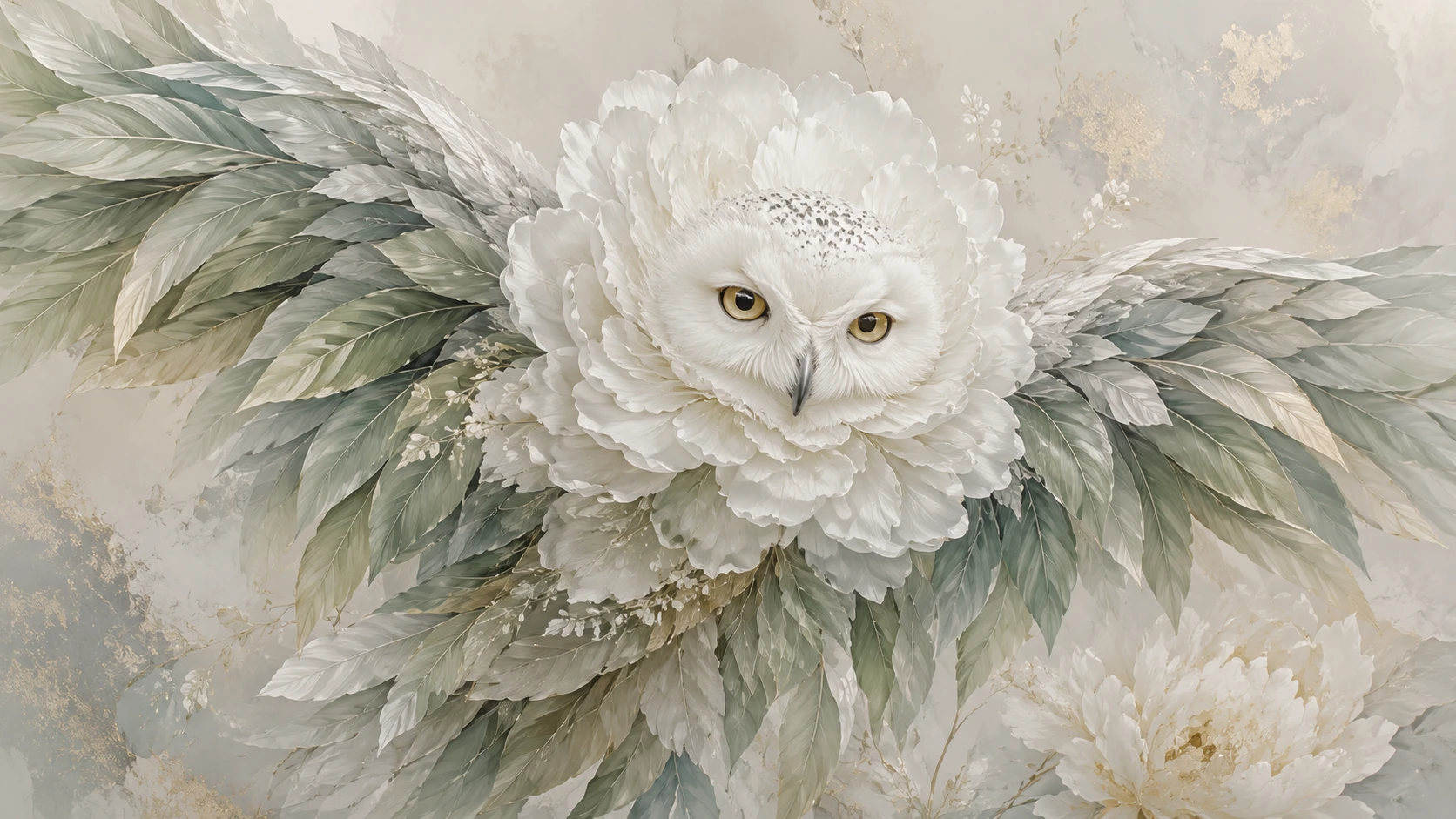 Snowy owl face emerging from layered white peony petals