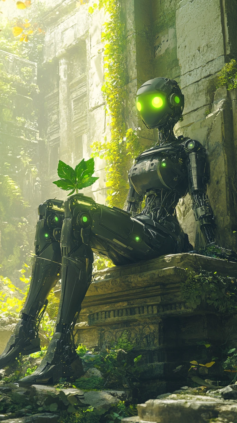 Cyborg woman on a mossy stone throne in ancient temple