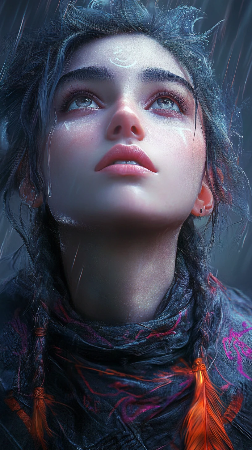 Mystical woman with tearful eyes in a rainy fantasy portrait