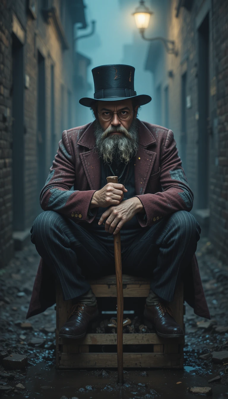 Weary bearded man resting on a crate in a foggy alley