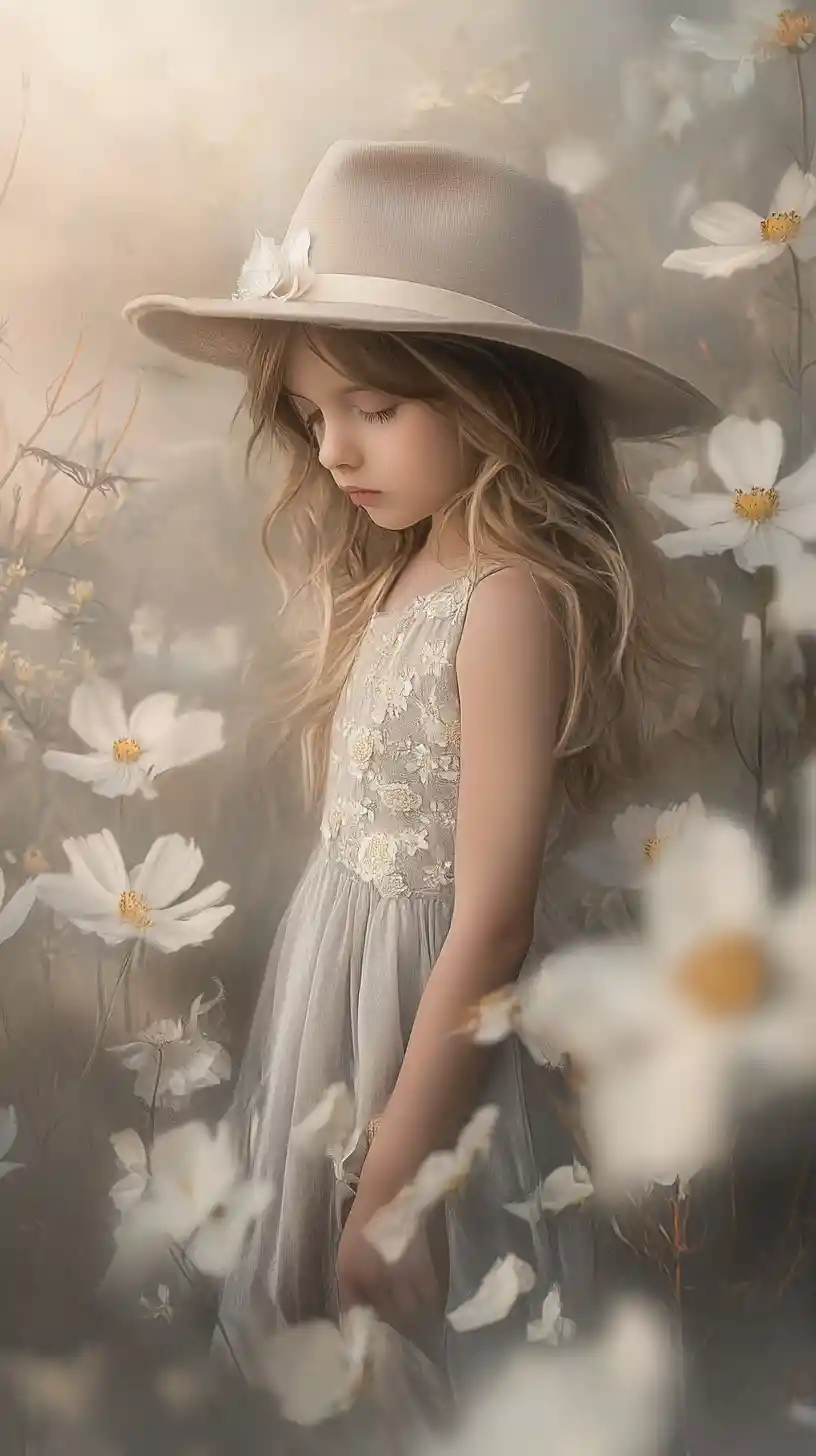 Young girl in grey dress among giant ethereal flowers
