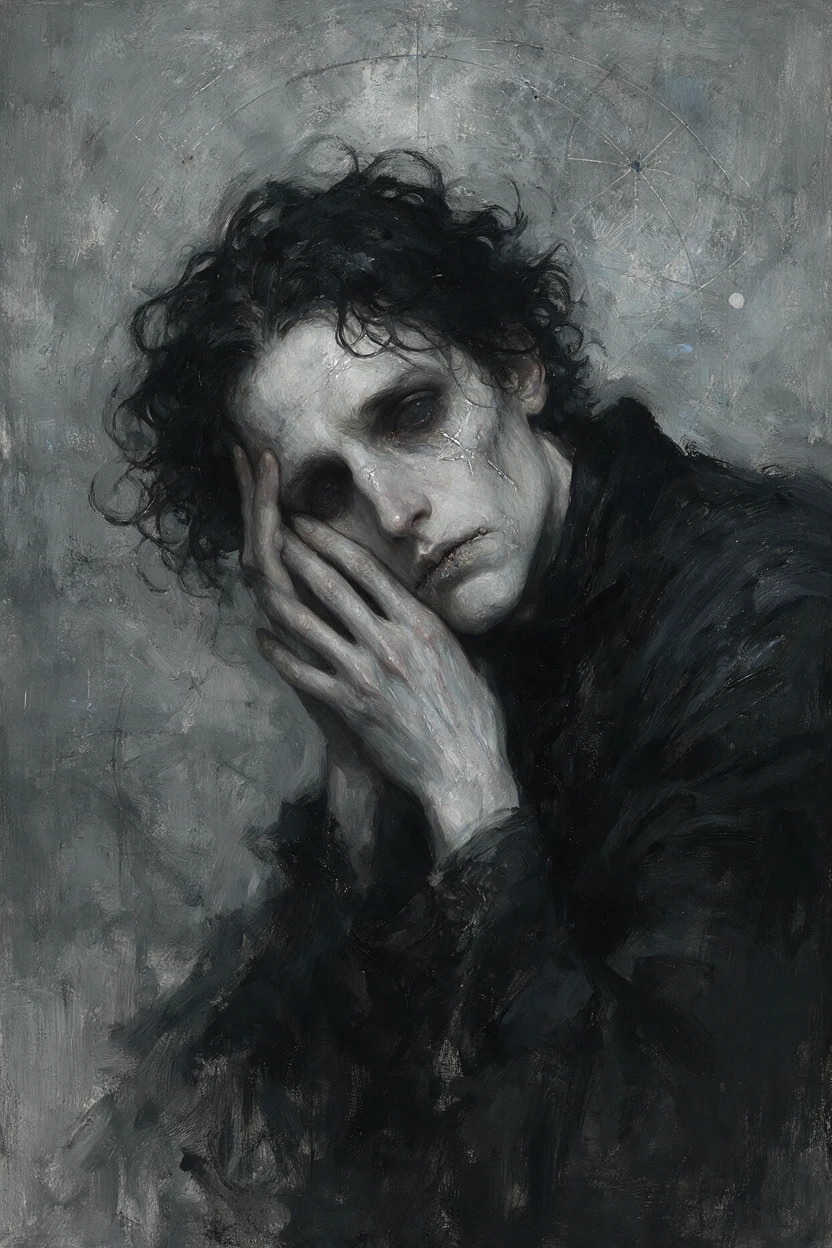 Pale man in brooding gothic oil portrait with soft shadows