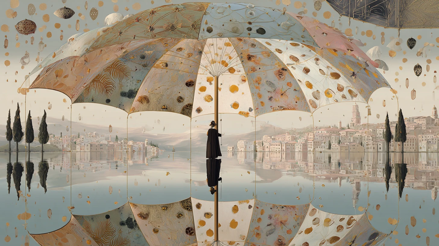 Giant Patchwork Umbrella Floating Above Reflective Water