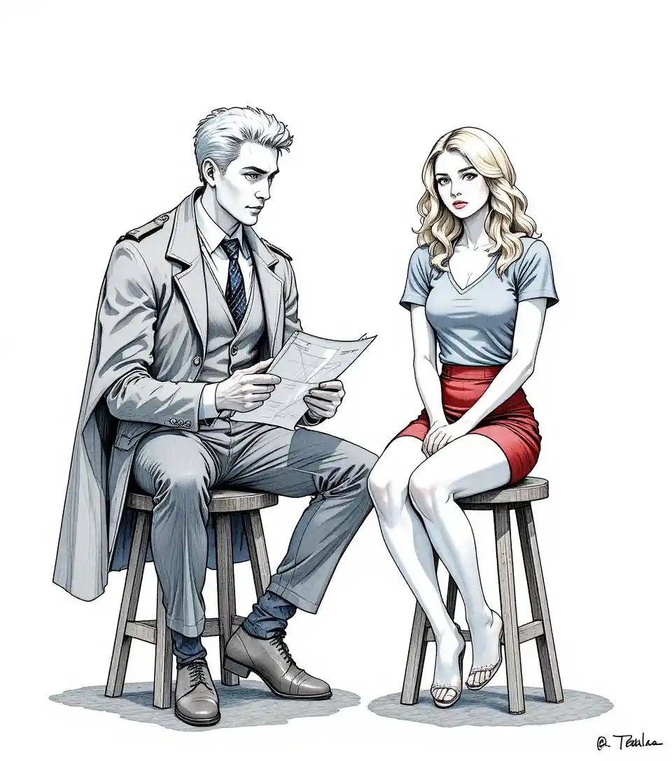 Serious man and woman seated on stools in white space