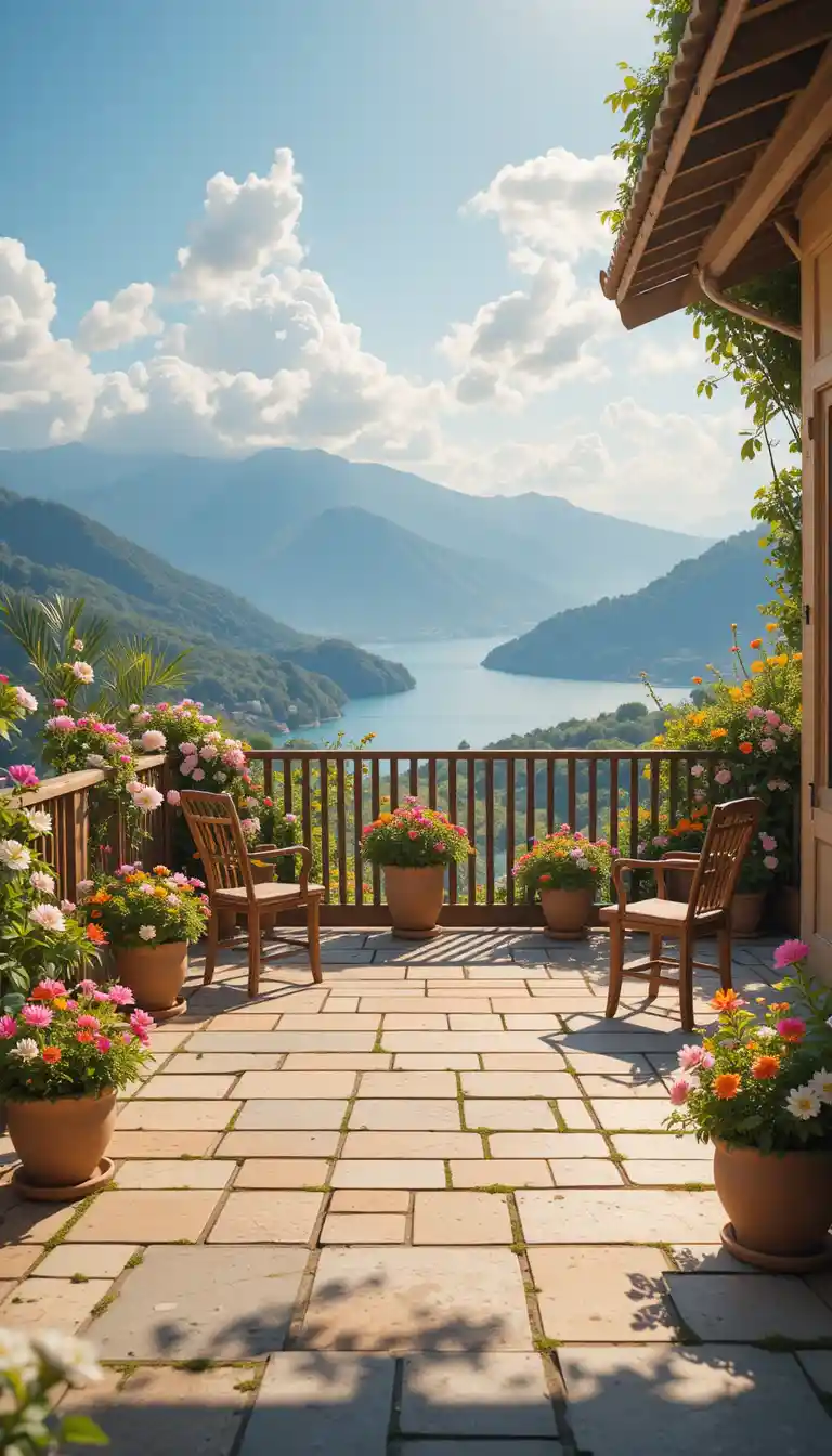 Sunlit summer terrace with rustic furniture and lake view