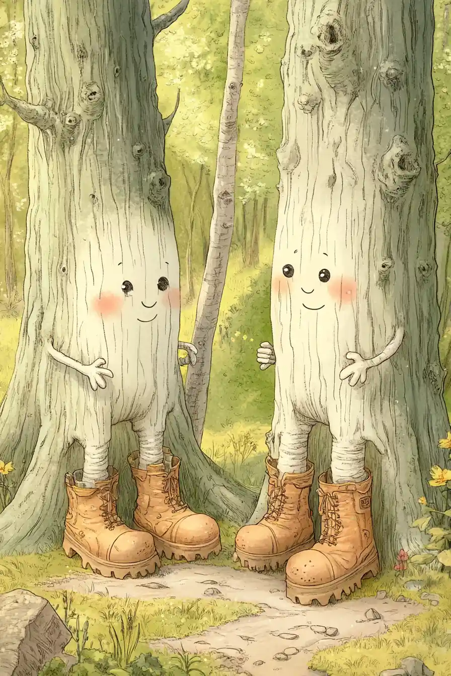 Whimsical talking trees gathered in a sunny forest glade