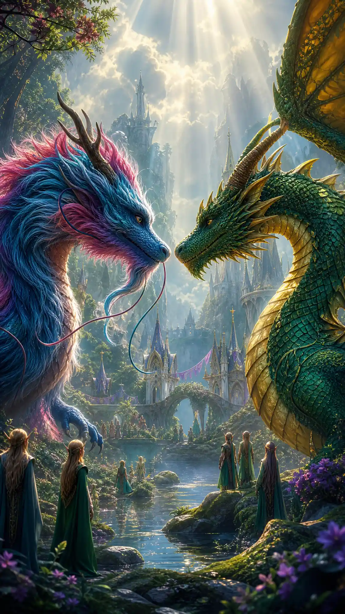 Two dragons gently meet in a peaceful fantasy light