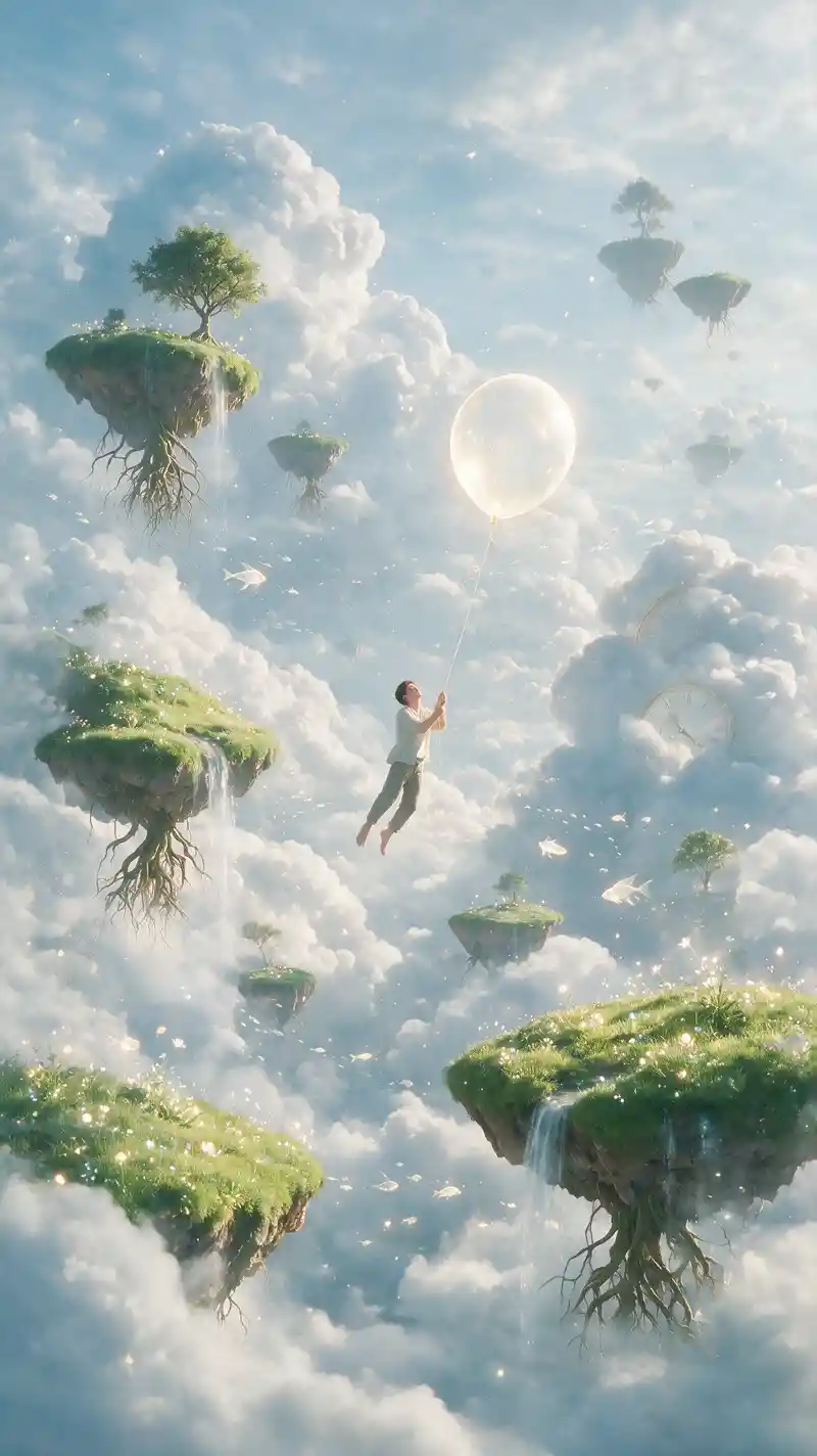 Man Floating With Luminous Balloon Among Sky Islands