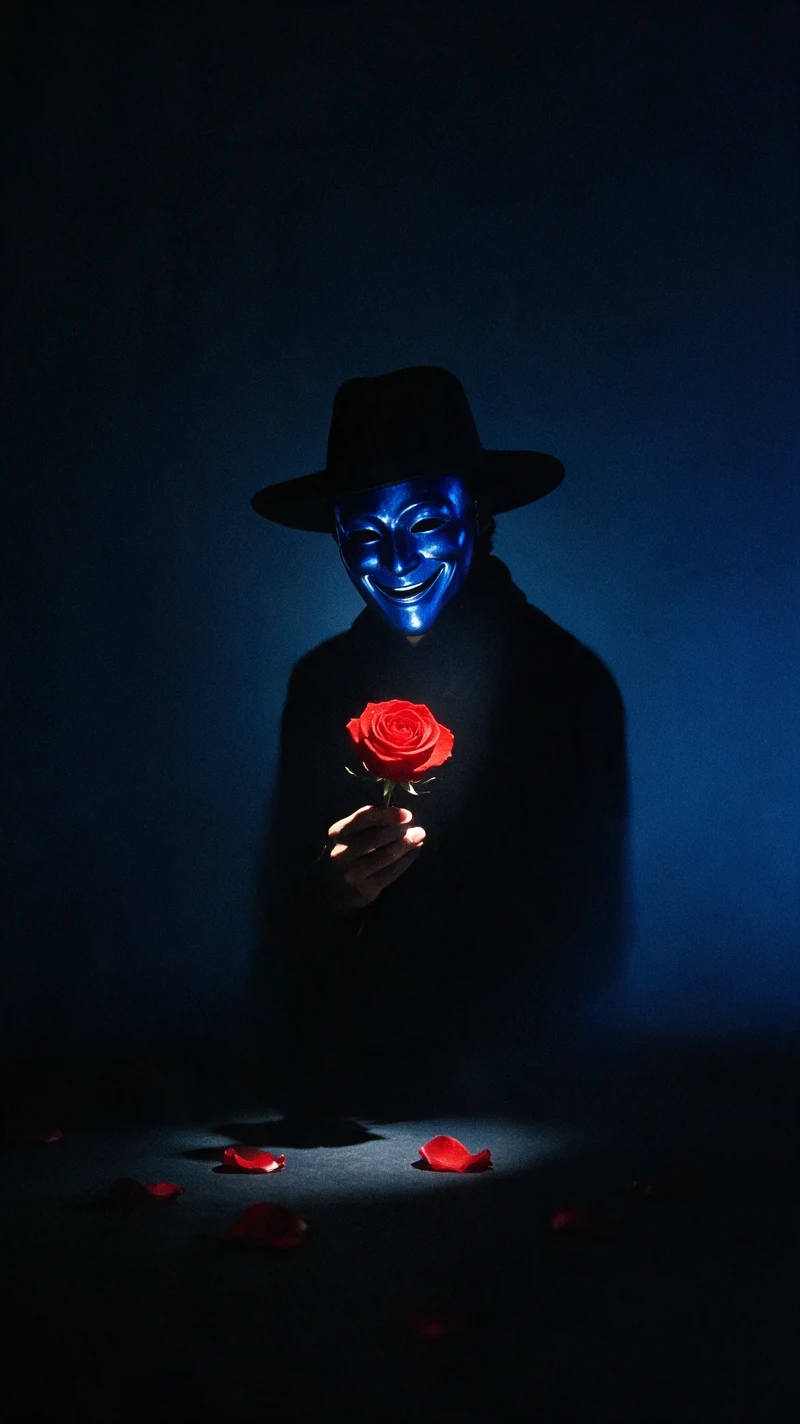 Masked figure with red rose in dramatic studio portrait