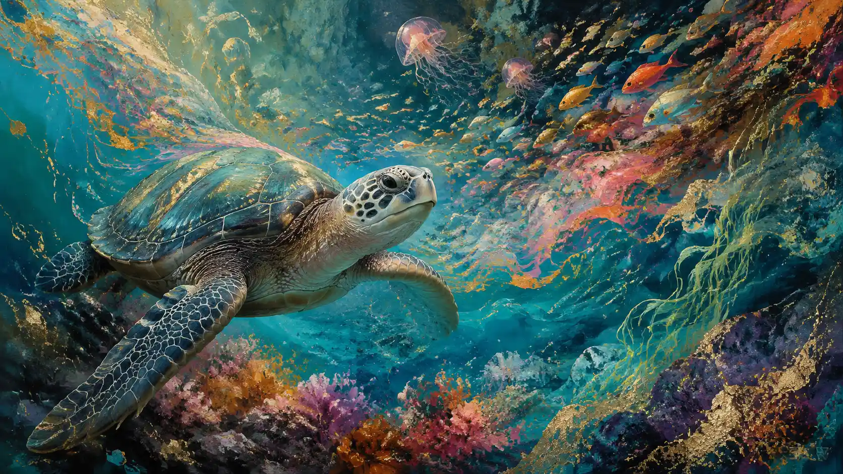 Colorful corals transforming into fish in a musical ocean