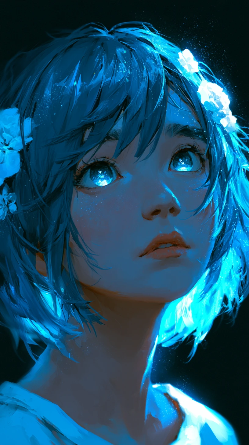 Blue haired anime girl portrait in dark void