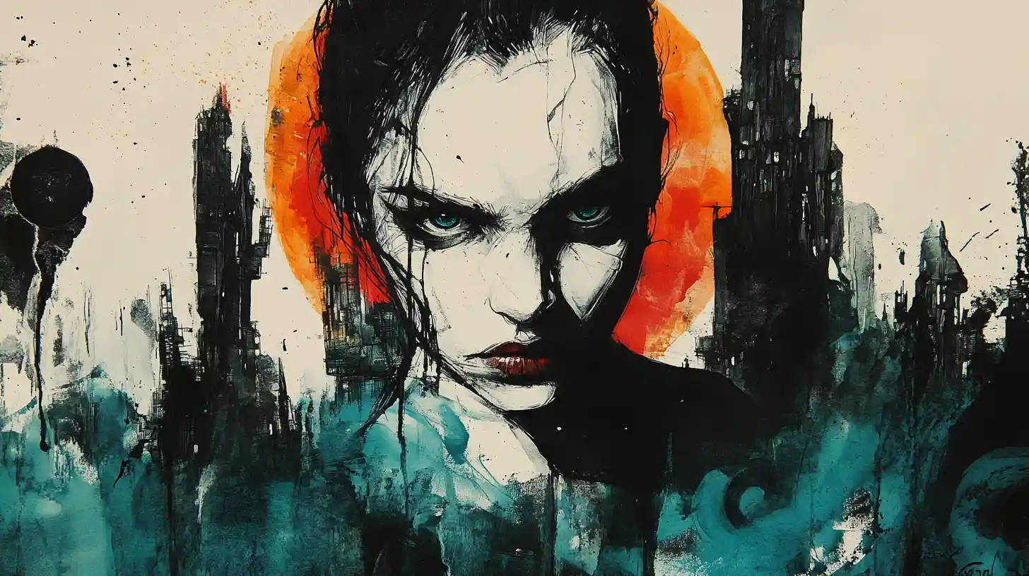 Ink portrait of a despairing girl in a futuristic city