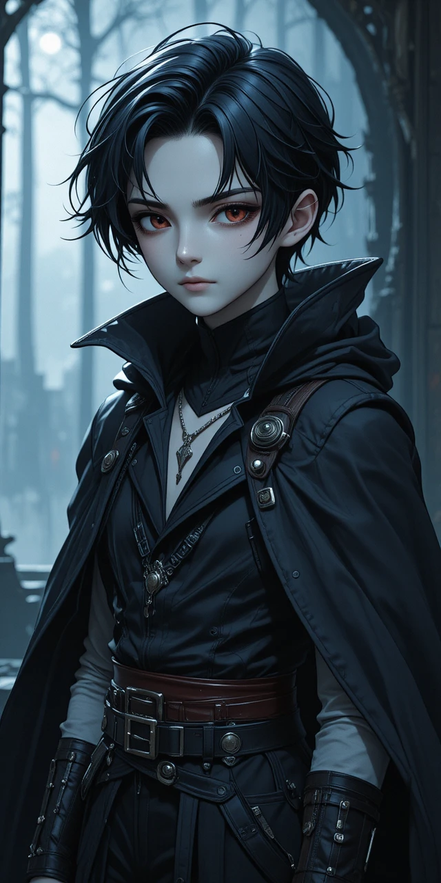 Anime vampire teen rogue with pale skin and red eyes