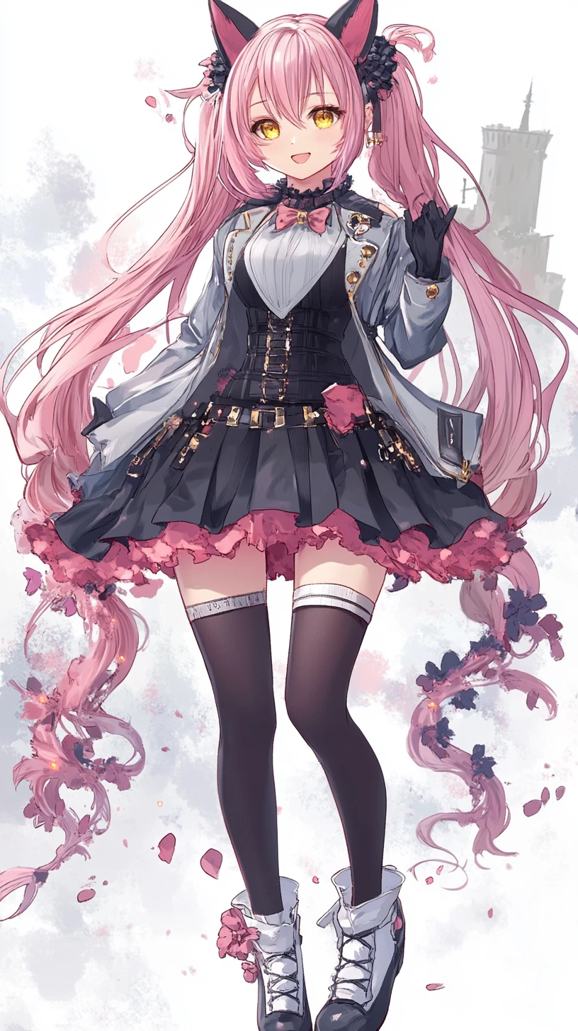 Anime girl in white and pink jacket with black ruffled skirt