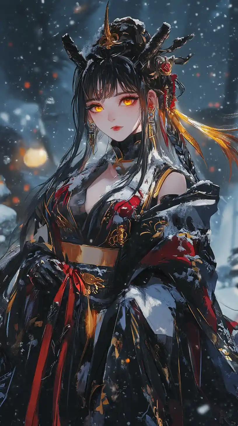 Anime girl in winter fantasy base with glowing lights