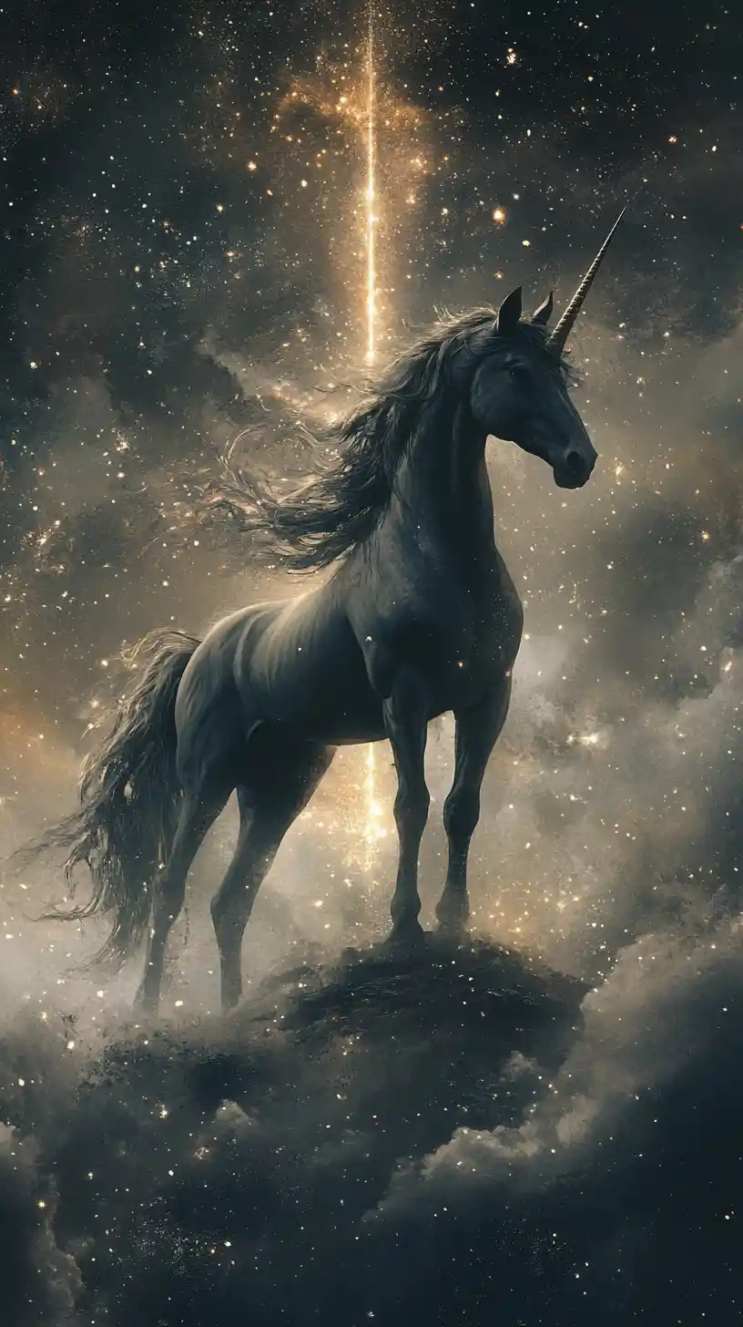 Unicorn Between Shadow And Light Under A Vertical Eclipse Glow