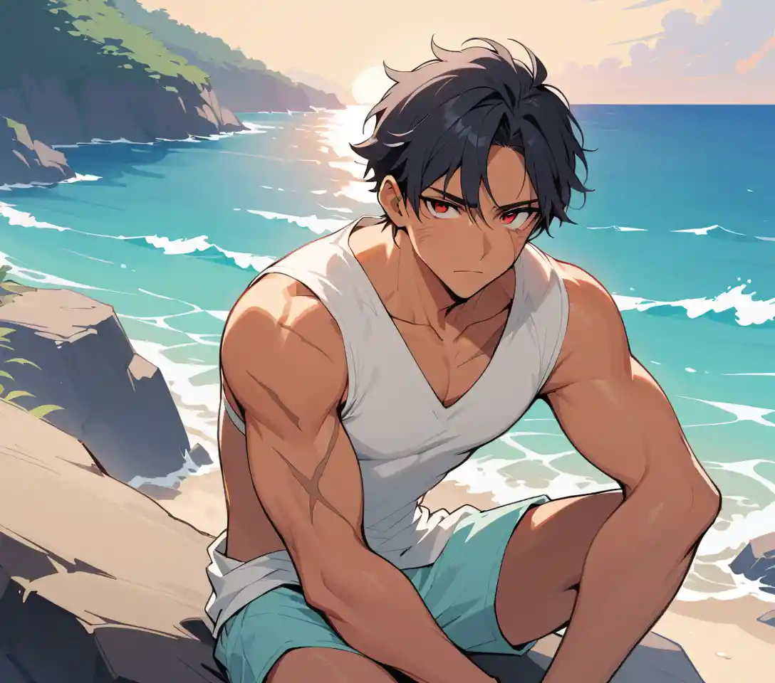 Scarred muscular man sitting on a rock by the sea