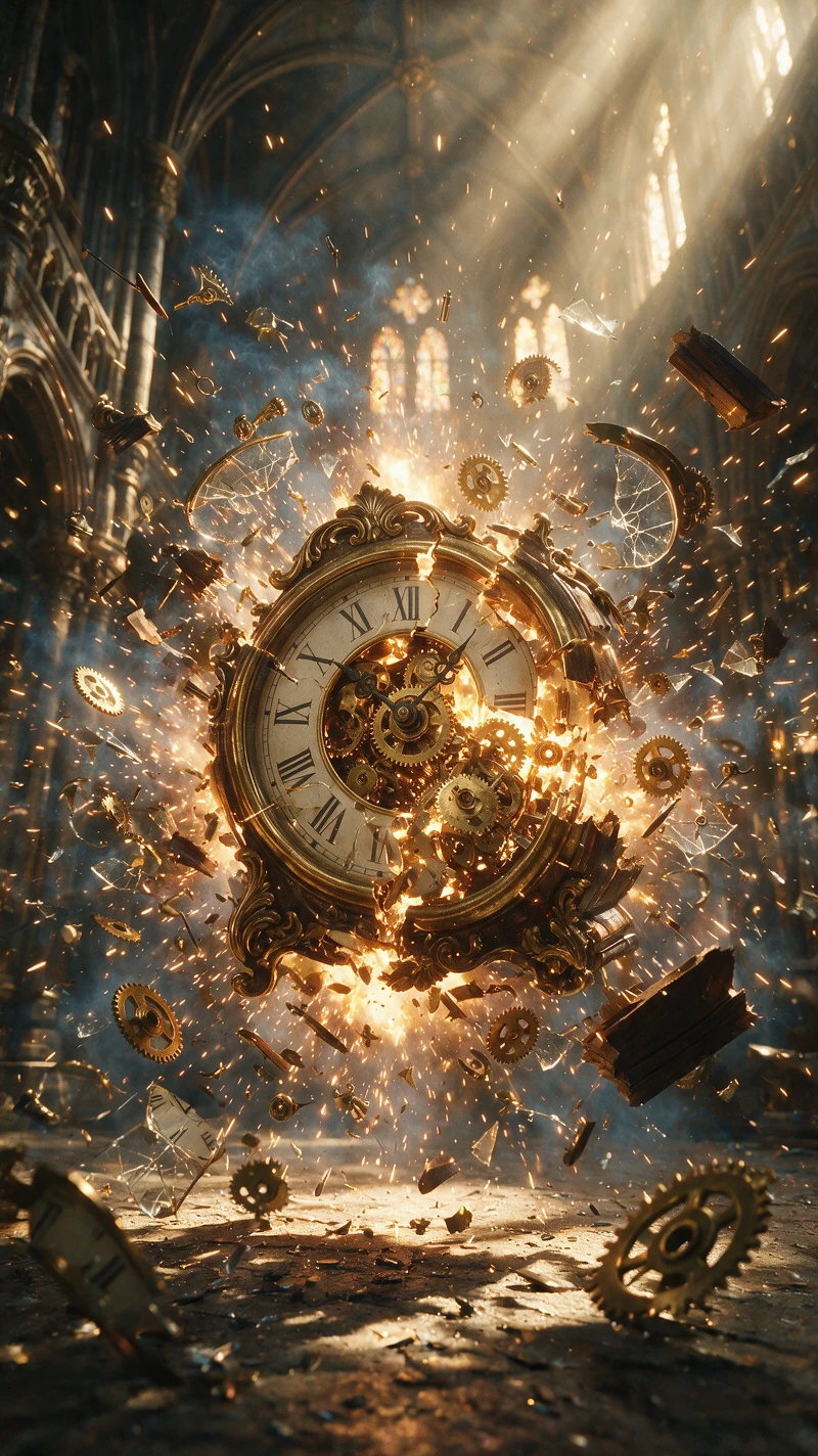 Reloj explotando con rayos de sol dramáticos y fragmentos