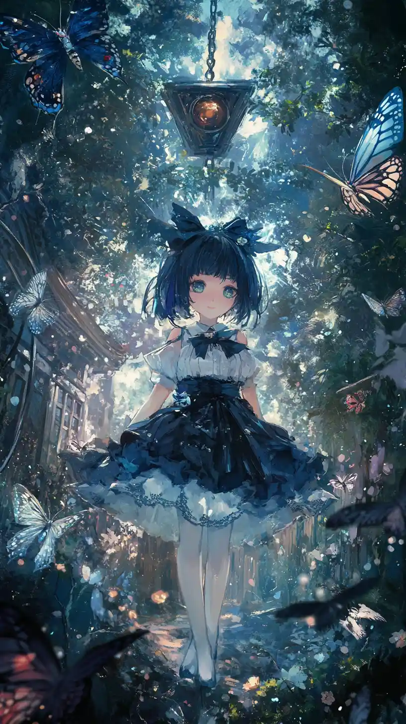 Anime girl at a Japanese temple with night fireworks
