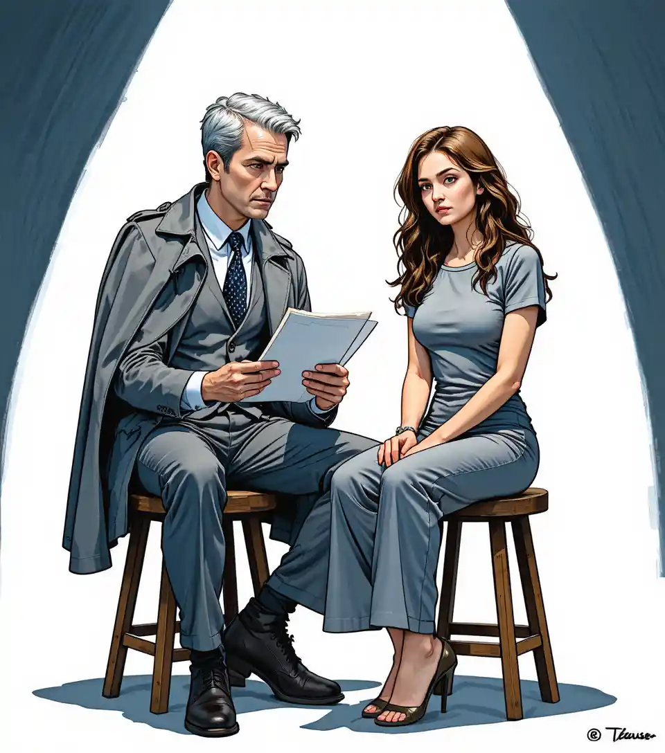 Man and woman seated on stools in a tense conversation