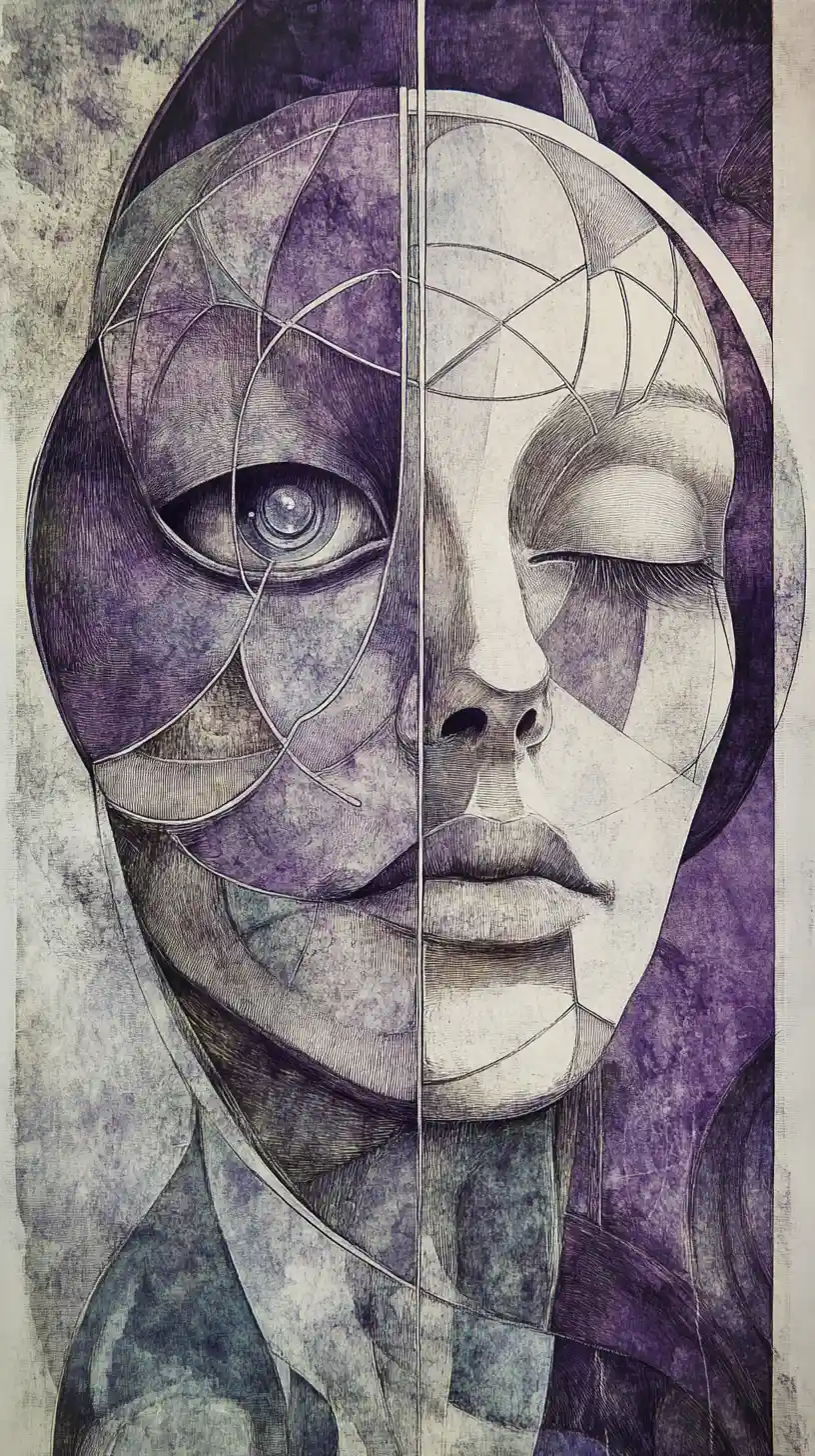 Surreal Biomechanical Face Fragmented Into Abstract Ornamental Forms