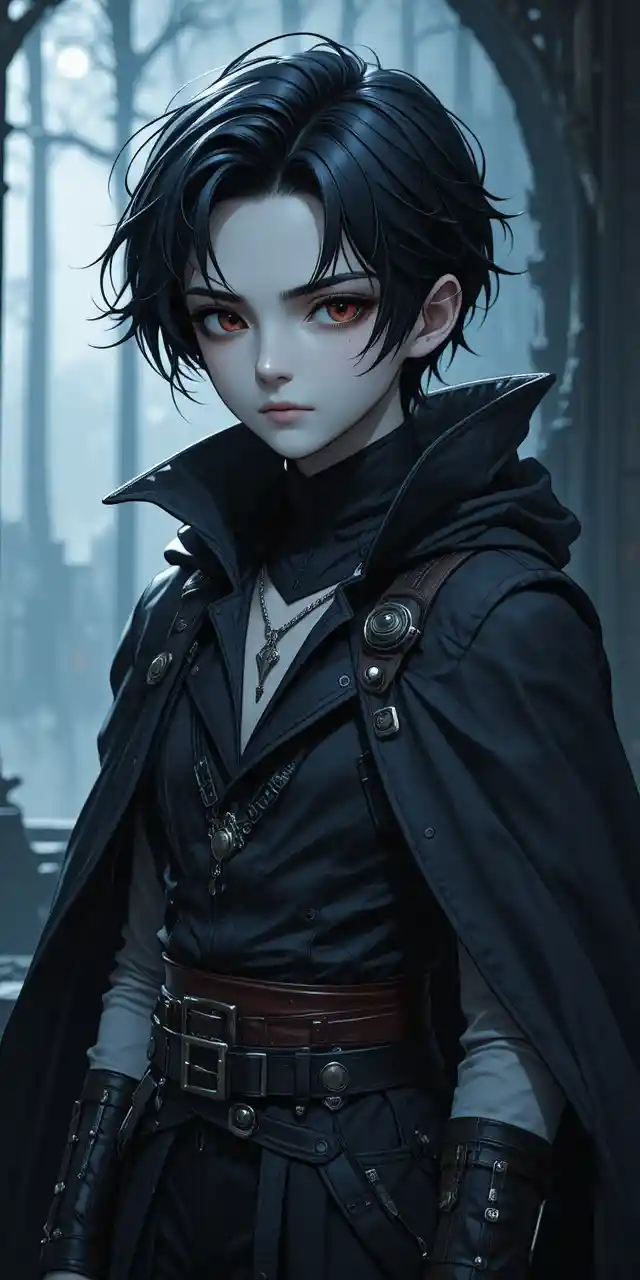 Anime vampire teen rogue with pale skin and red eyes