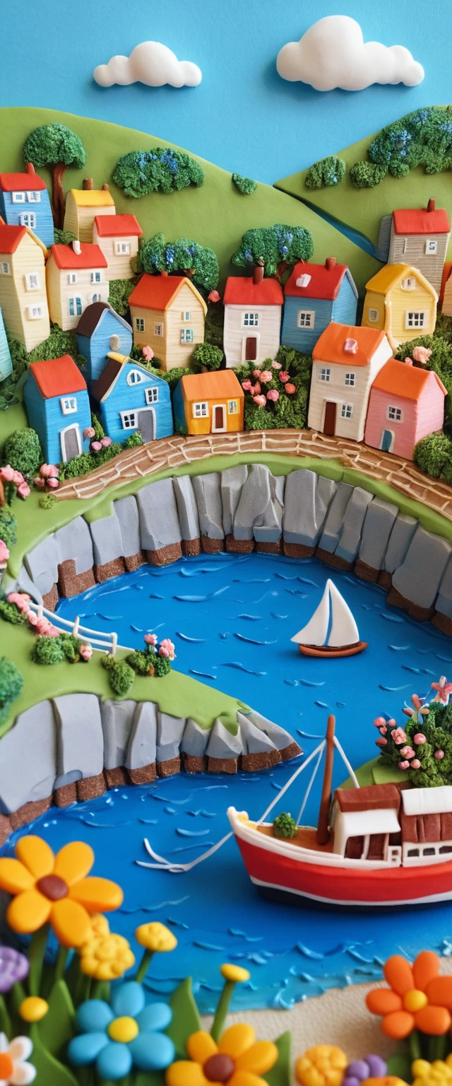 Whimsical summer view of a cozy cruise ship at sea