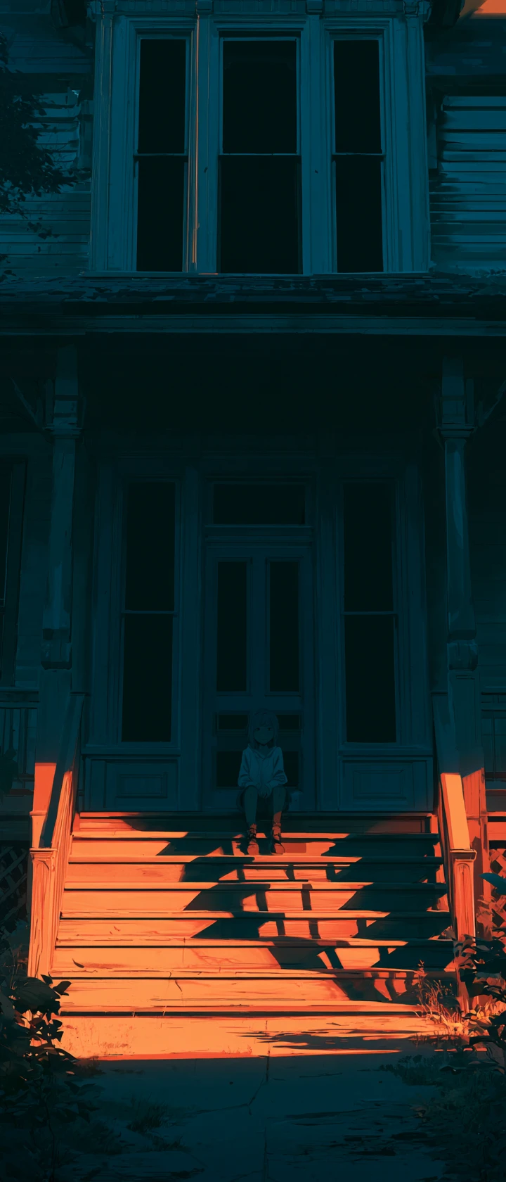 Anime hero sitting on a quiet suburban porch at dusk