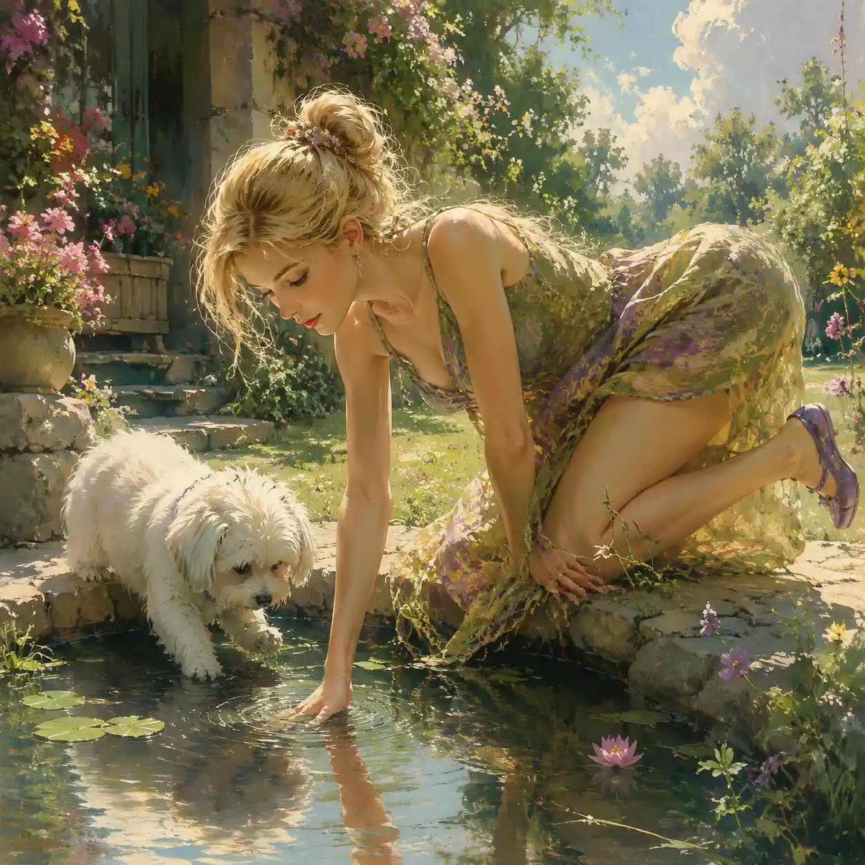 Girl in olive dress touching a sunlit garden pond