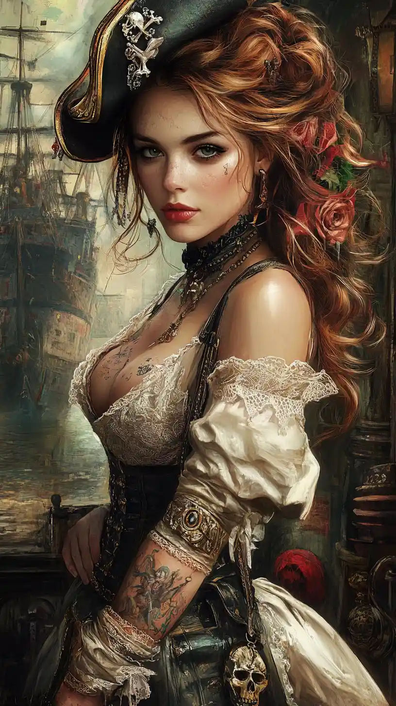 Elegant female pirate in a Victorian London street