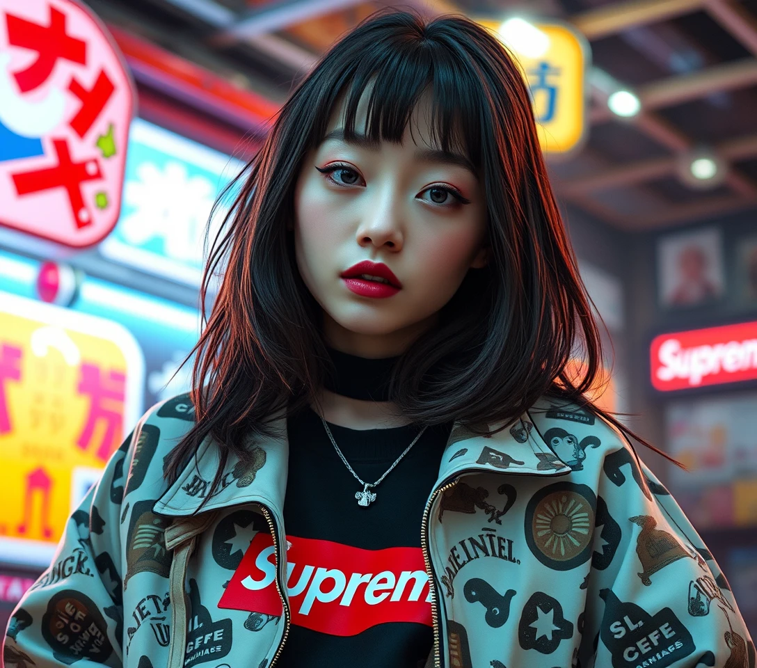 Surreal fashion woman in chaotic pop inspired streetwear scene
