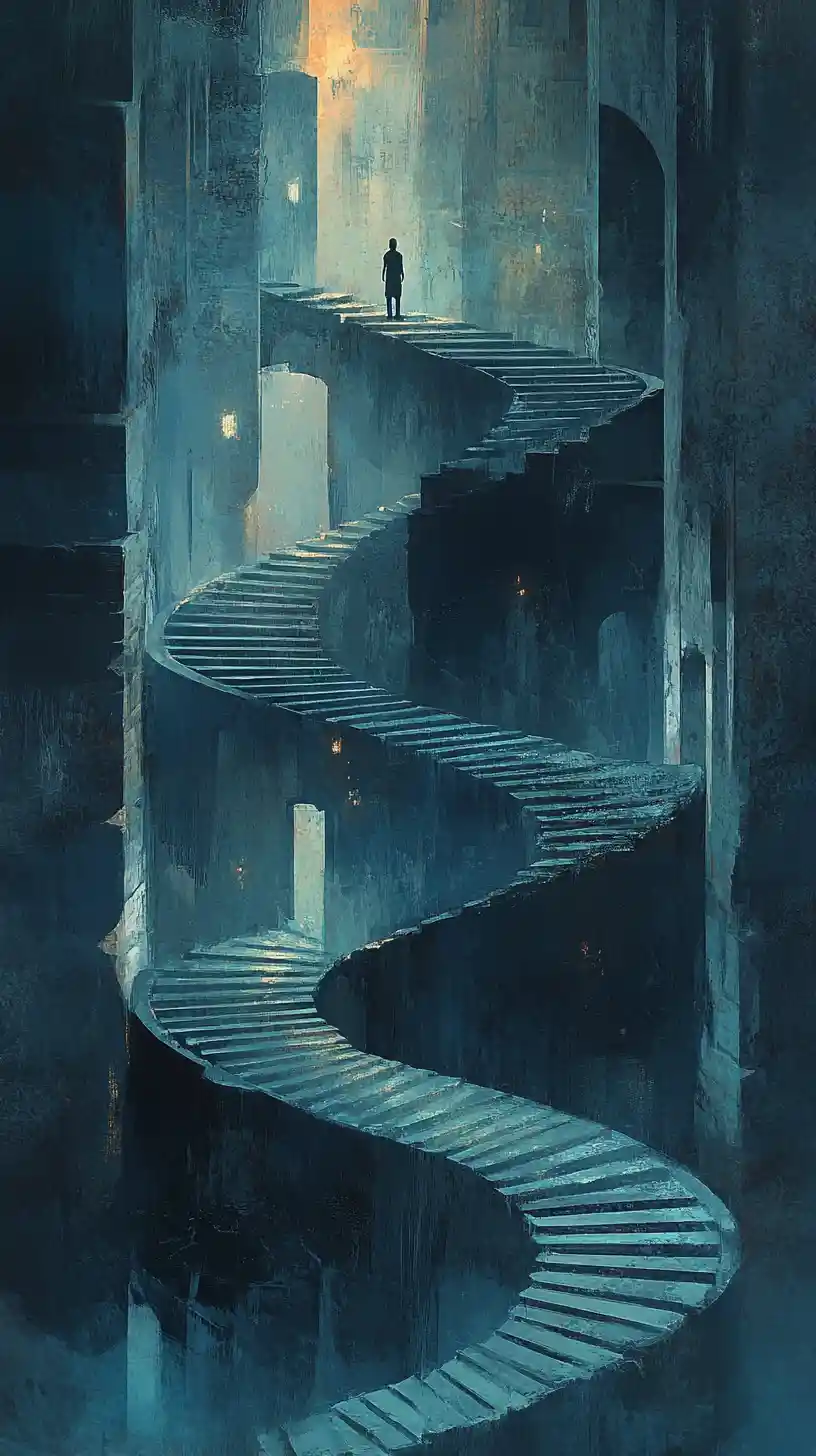 Person at the top of a spiral staircase looking down