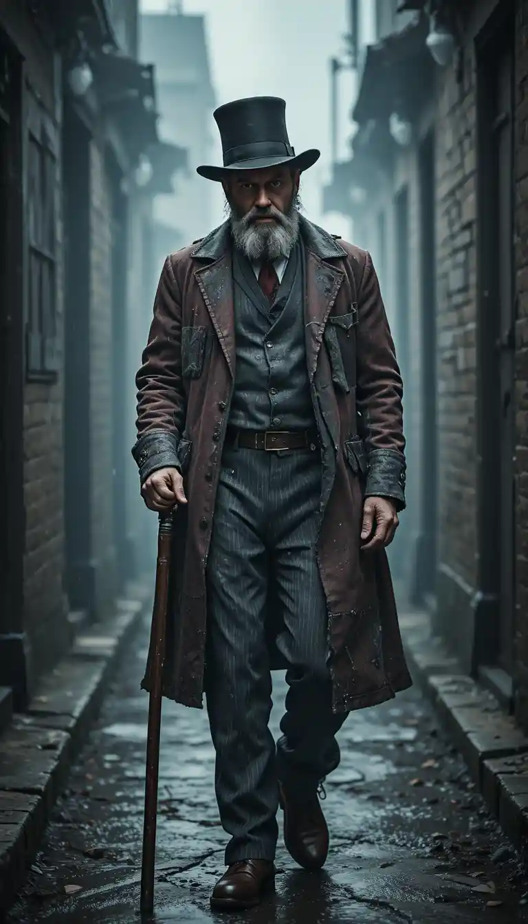 Weary bearded man in tattered suit walking down foggy alley