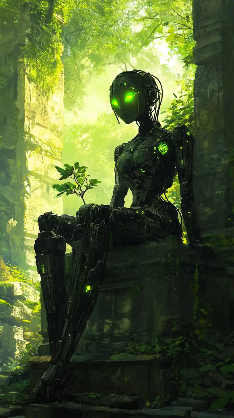 Cyborg woman on a mossy throne in ruined temple