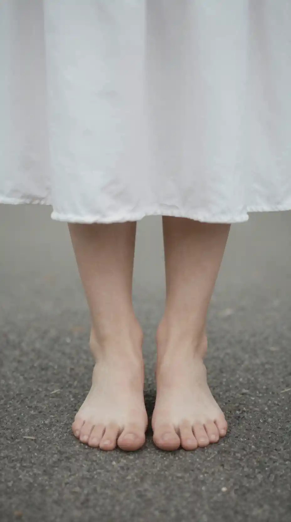 Low angle close up beneath a womans bare feet and skirt